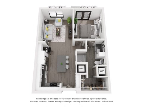 a 1 bedroom floorplan is shown with an open